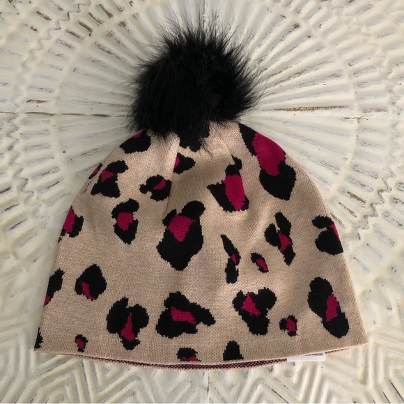 Chico's Berry Pink Leopard Print Beanie Hat Removable Faux Fur Pom Pom - Picture 2 of 10